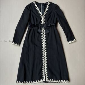 Vintage Mollie Parnis Boutique Black Wool Dress 60s Mod Cream Trim Bow Detail